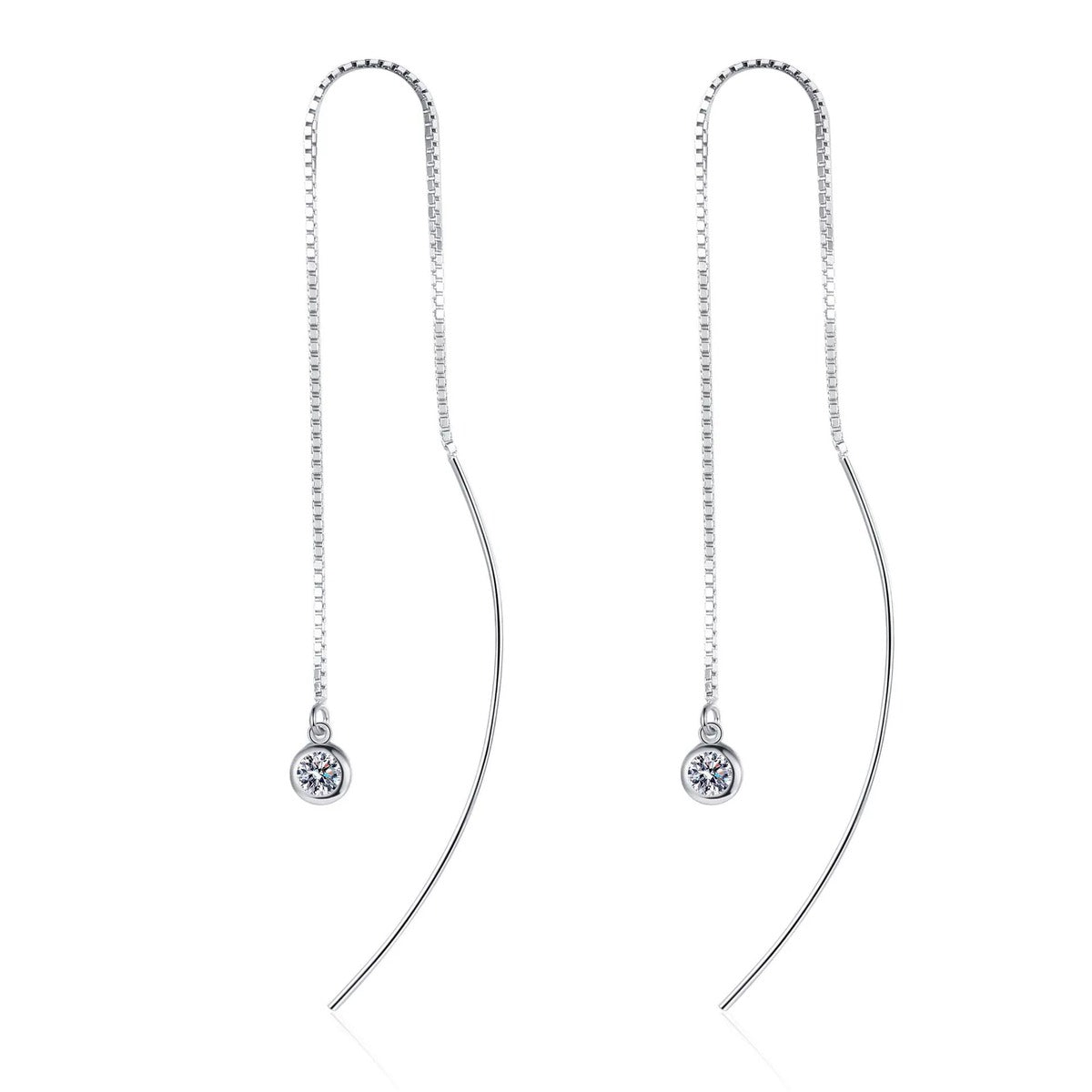 Round Moissanite Threader Drop Earrings in Rhodium-Plated S925 sterling silver white background product photo showing the pair, stone shape, and threader drop earrings silhouette