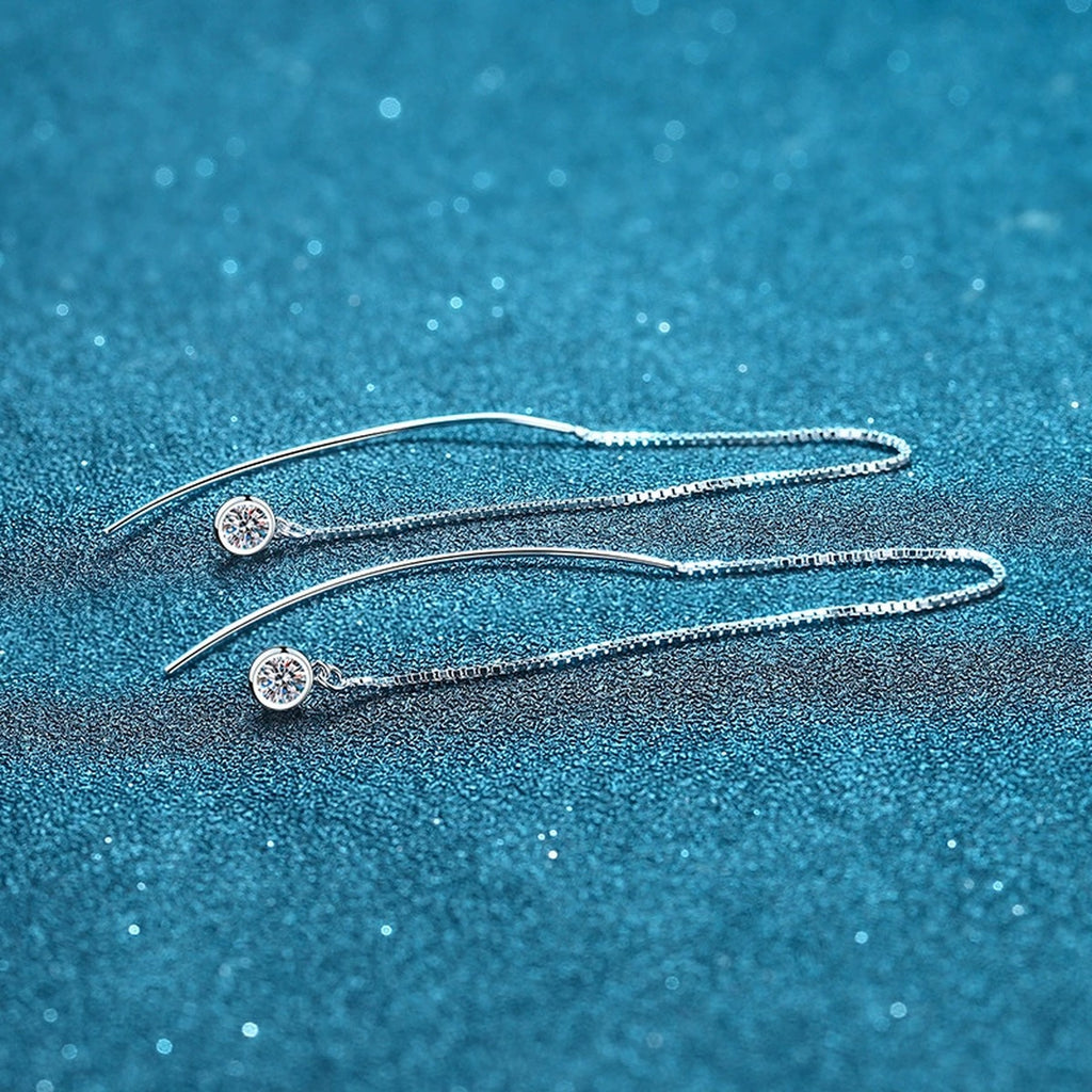Round Moissanite Threader Drop Earrings in Rhodium-Plated S925 sterling silver product scene view showing front sparkle