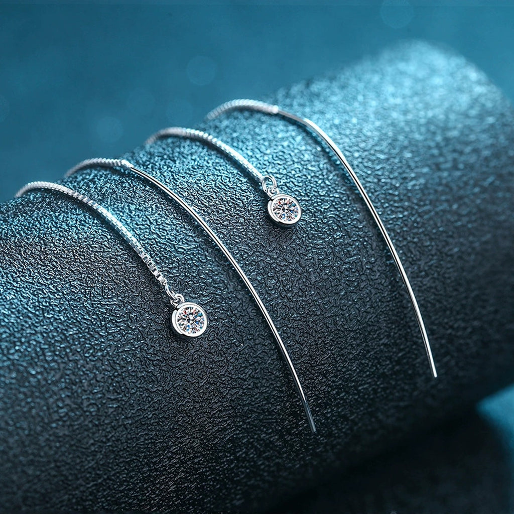Round Moissanite Threader Drop Earrings in Rhodium-Plated S925 sterling silver product scene view showing side profile