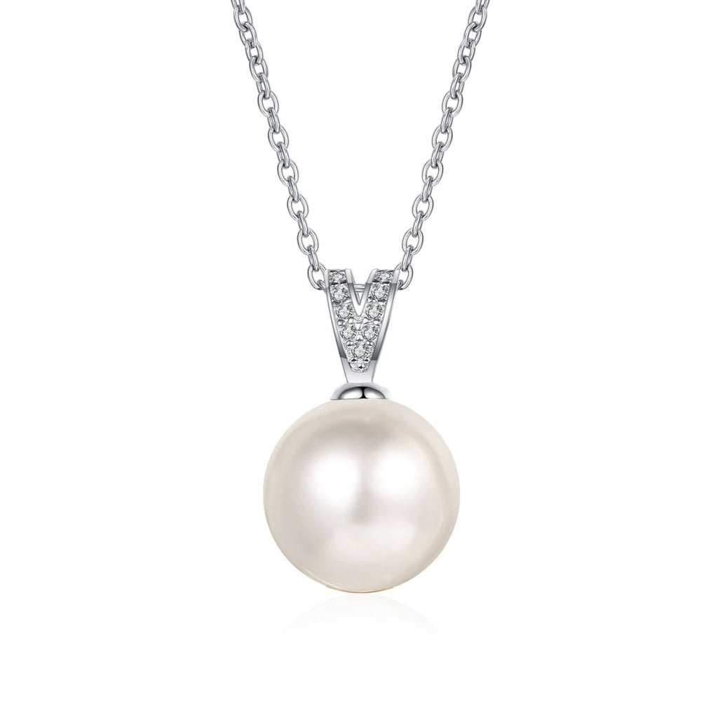 V Motif Moissanite Pearl Pendant Necklace in Rhodium-Plated S925 sterling silver white background product photo showing slender V-shaped pearl pendant with small round moissanite accents