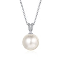 V Motif Moissanite Pearl Pendant Necklace in Rhodium-Plated S925 sterling silver white background product photo showing slender V-shaped pearl pendant with small round moissanite accents