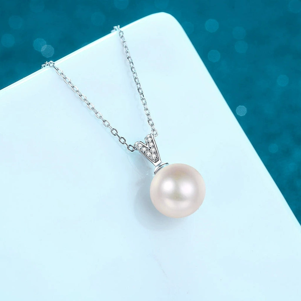 V Motif Moissanite Pearl Pendant Necklace in Rhodium-Plated S925 sterling silver angled product detail view
