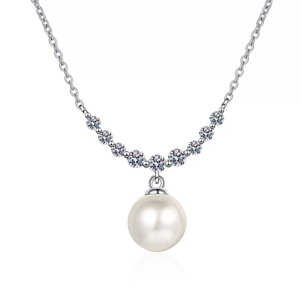 Smile Moissanite Pearl Pendant Necklace in Rhodium-Plated S925 sterling silver white background product photo showing smile-curve pearl pendant with small round moissanite accents
