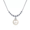 Smile Moissanite Pearl Pendant Necklace in Rhodium-Plated S925 sterling silver white background product photo showing smile-curve pearl pendant with small round moissanite accents