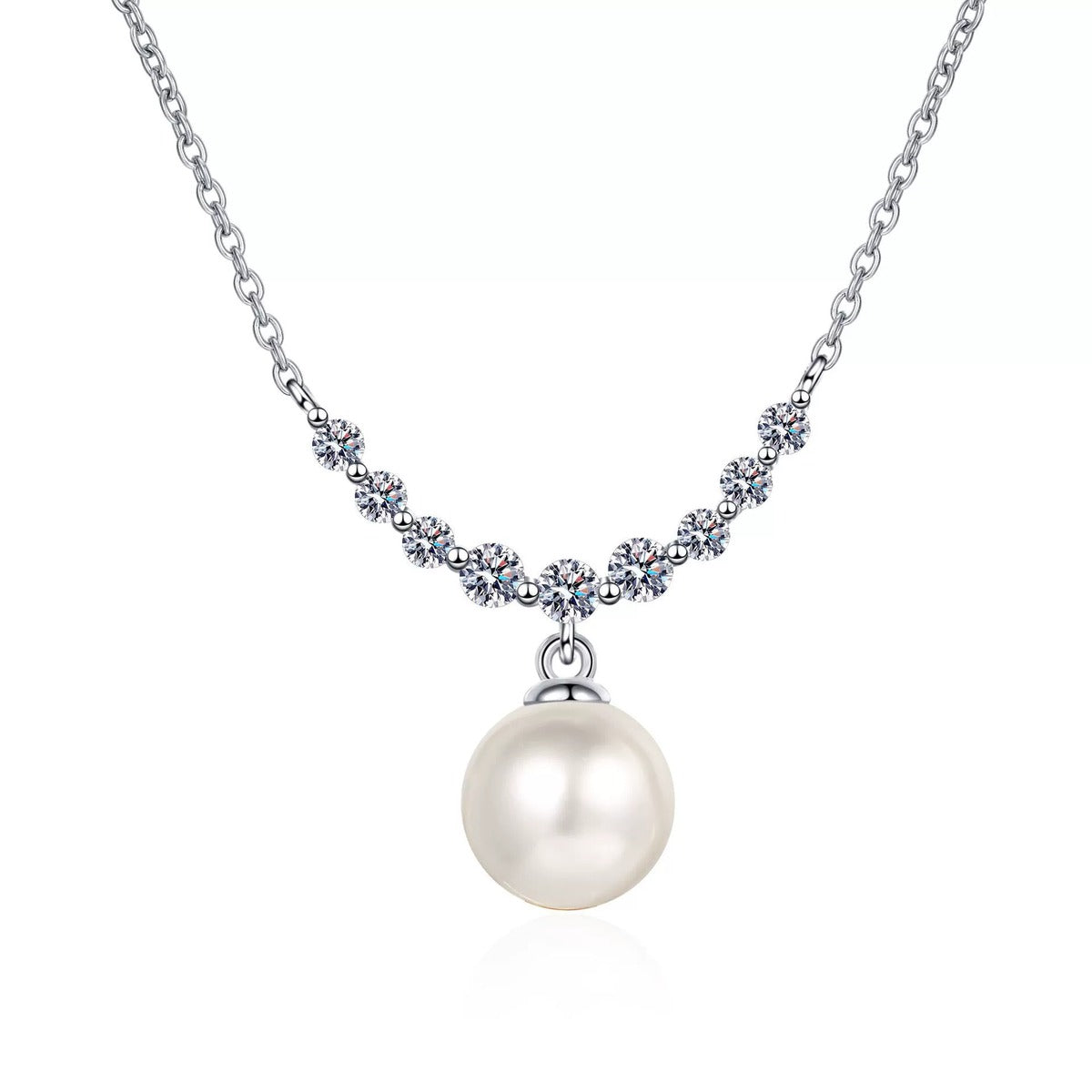 Smile Moissanite Pearl Pendant Necklace in Rhodium-Plated S925 sterling silver white background product photo showing smile-curve pearl pendant with small round moissanite accents