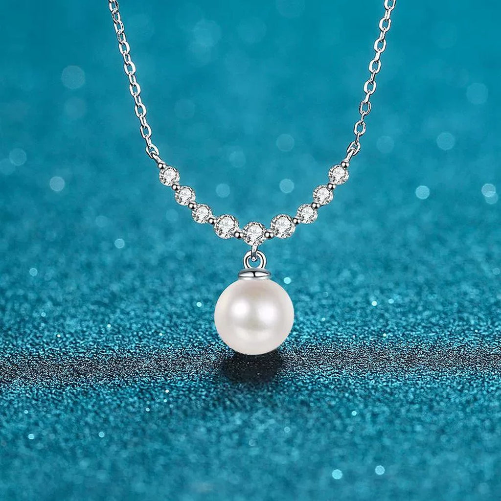 Smile Moissanite Pearl Pendant Necklace in Rhodium-Plated S925 sterling silver close-up product scene showing pendant setting