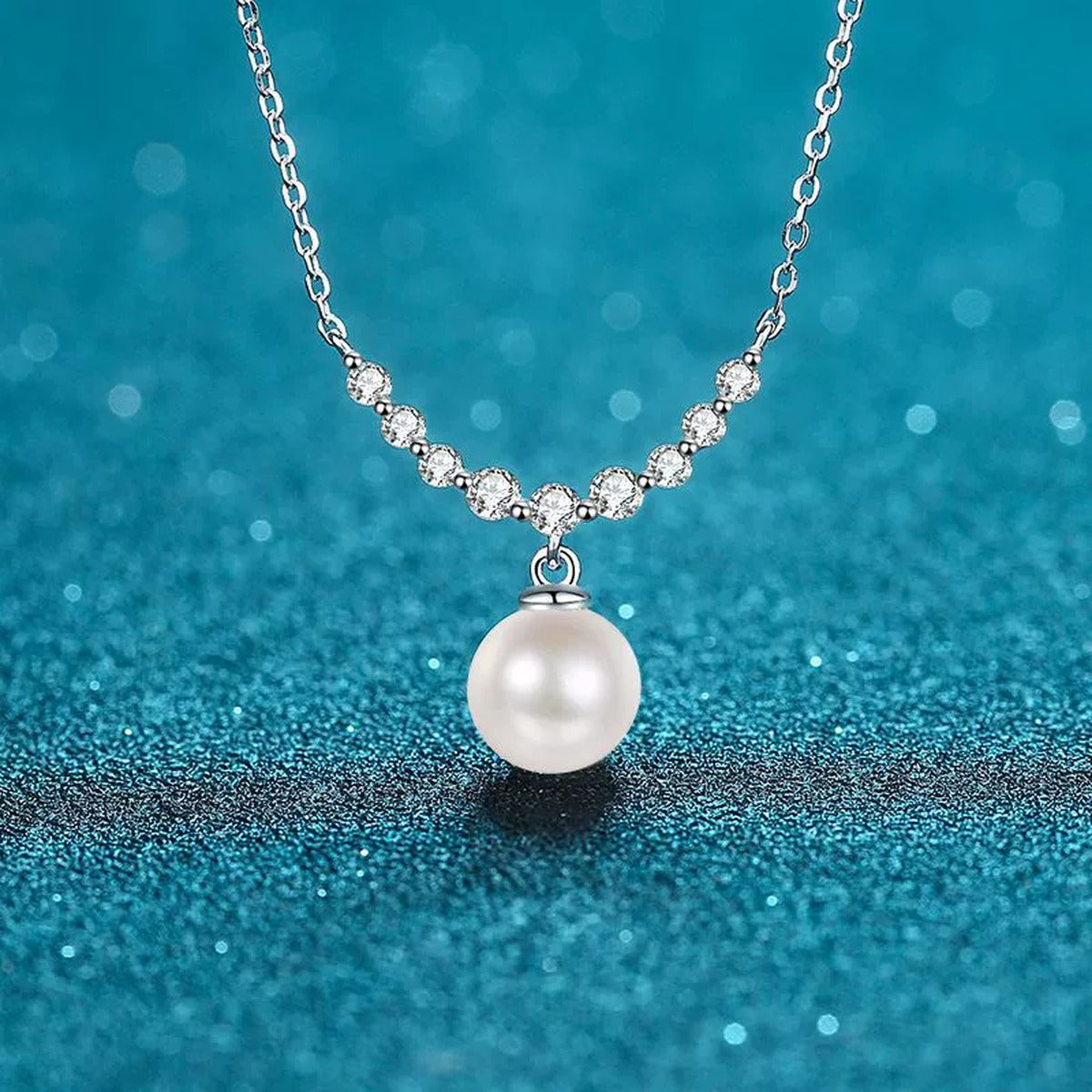Smile Moissanite Pearl Pendant Necklace in Rhodium-Plated S925 sterling silver close-up product scene showing pendant setting