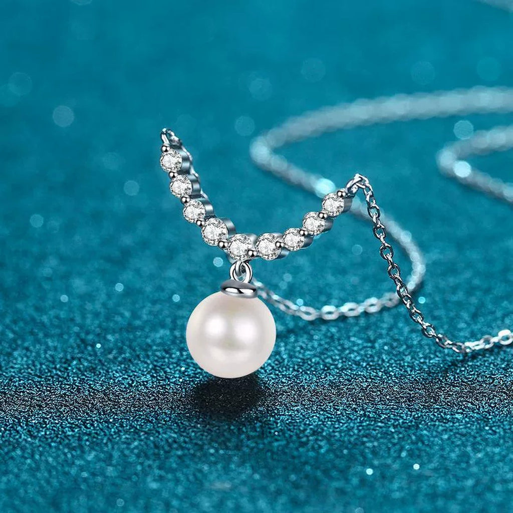 Smile Moissanite Pearl Pendant Necklace in Rhodium-Plated S925 sterling silver blue display scene showing chain and stone layout