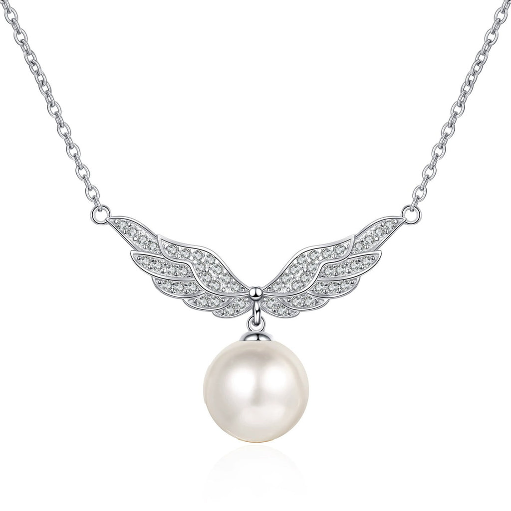 Angel Wing Moissanite Pearl Pendant Necklace in Rhodium-Plated S925 sterling silver white background product photo showing angel wing pendant with round moissanite and a near round pearl drop