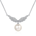 Angel Wing Moissanite Pearl Pendant Necklace in Rhodium-Plated S925 sterling silver white background product photo showing angel wing pendant with round moissanite and a near round pearl drop