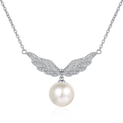 Angel Wing Moissanite Pearl Pendant Necklace in Rhodium-Plated S925 sterling silver white background product photo showing angel wing pendant with round moissanite and a near round pearl drop