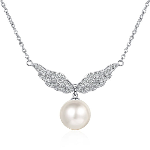 Angel Wing Moissanite Pearl Pendant Necklace in Rhodium-Plated S925 Sterling Silver
