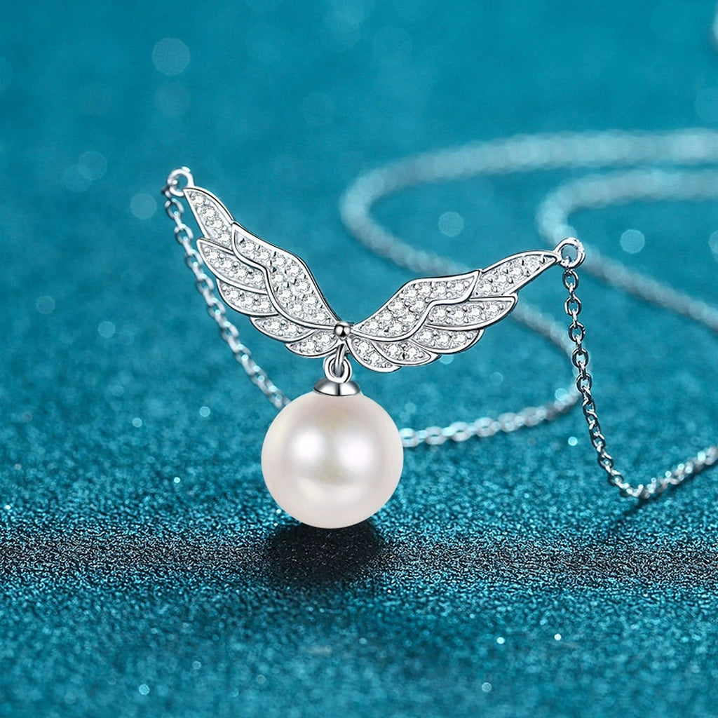 Angel Wing Moissanite Pearl Pendant Necklace in Rhodium-Plated S925 sterling silver angled product detail view