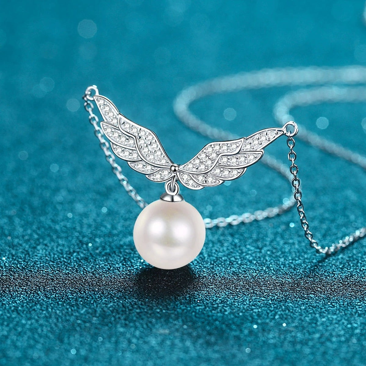 Angel Wing Moissanite Pearl Pendant Necklace in Rhodium-Plated S925 sterling silver angled product detail view