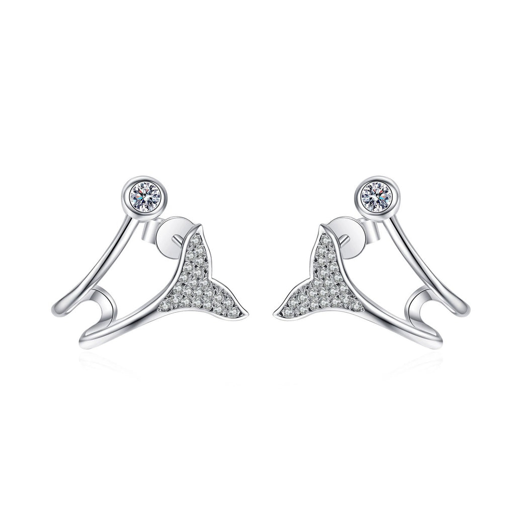 Whale Tail Moissanite Ear Cuff Stud Earrings in Rhodium-Plated S925 sterling silver white background product photo showing the pair, stone shape, and ear cuff stud earrings silhouette