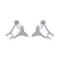 Whale Tail Moissanite Ear Cuff Stud Earrings in Rhodium-Plated S925 sterling silver white background product photo showing the pair, stone shape, and ear cuff stud earrings silhouette