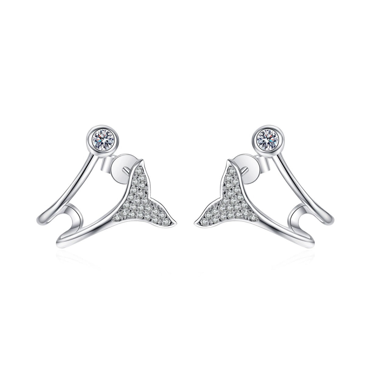 Whale Tail Moissanite Ear Cuff Stud Earrings in Rhodium-Plated S925 sterling silver white background product photo showing the pair, stone shape, and ear cuff stud earrings silhouette