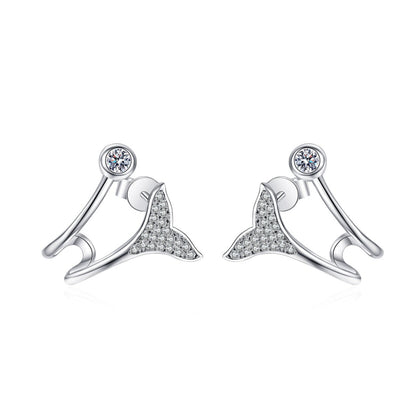Whale Tail Moissanite Ear Cuff Stud Earrings in Rhodium-Plated S925 sterling silver white background product photo showing the pair, stone shape, and ear cuff stud earrings silhouette