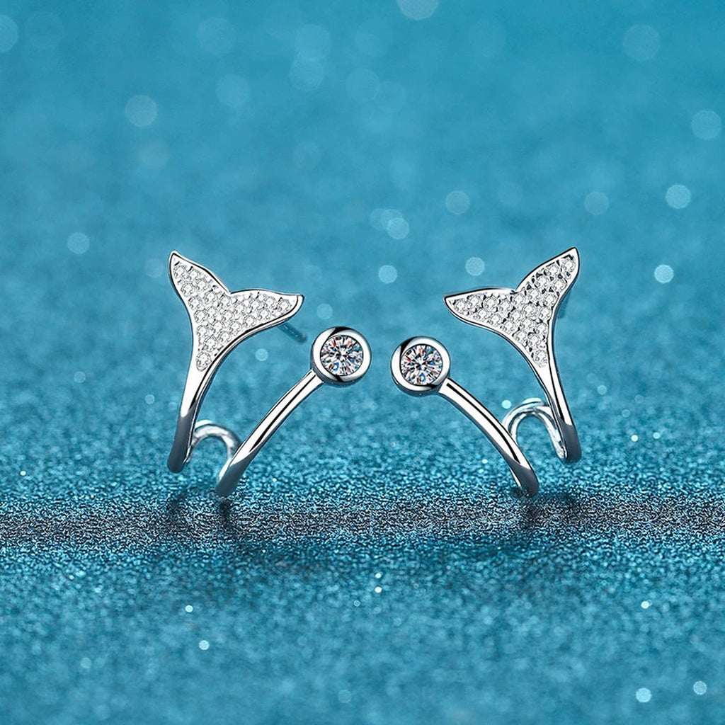 Whale Tail Moissanite Ear Cuff Stud Earrings in Rhodium-Plated S925 sterling silver product scene view showing front sparkle