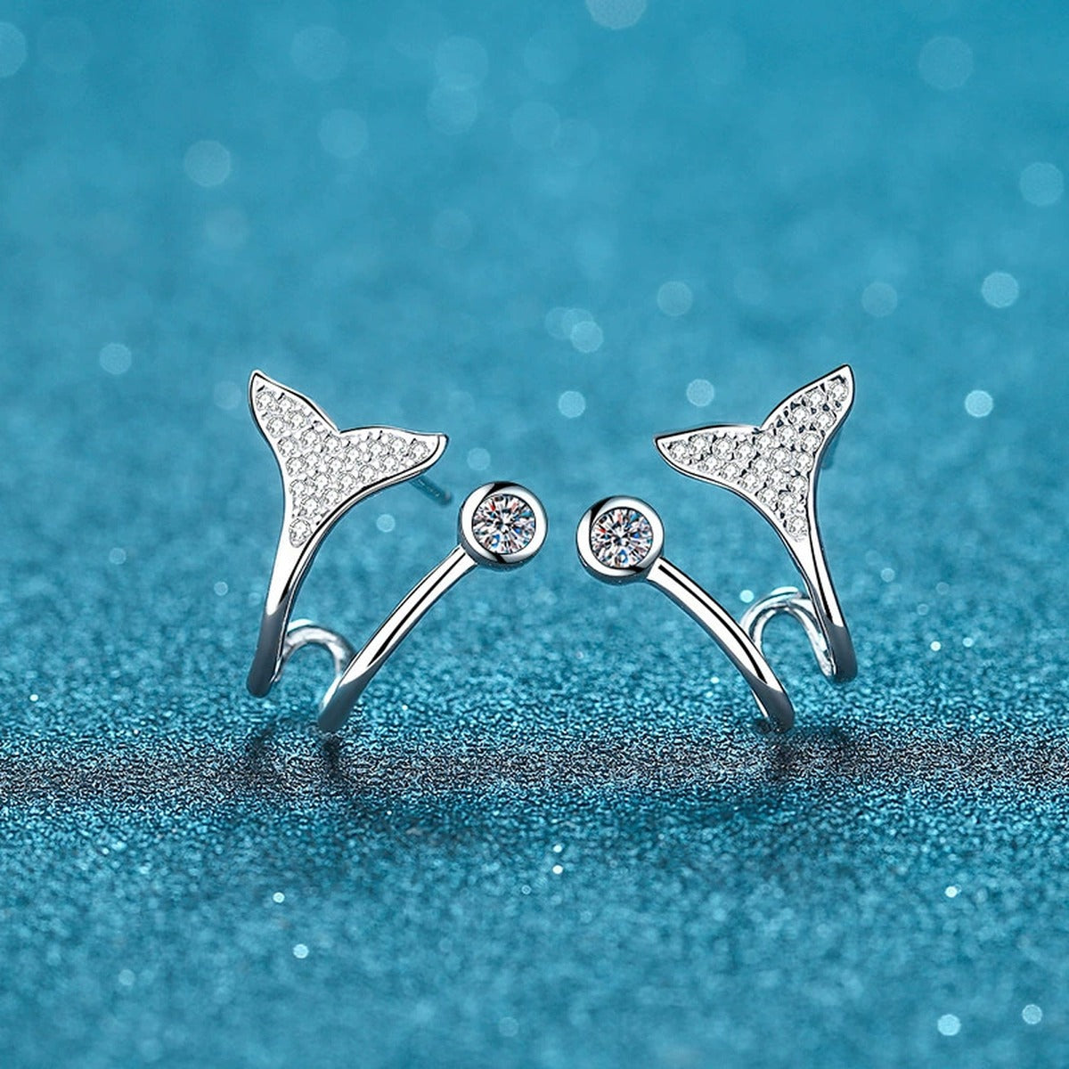 Whale Tail Moissanite Ear Cuff Stud Earrings in Rhodium-Plated S925 sterling silver product scene view showing front sparkle