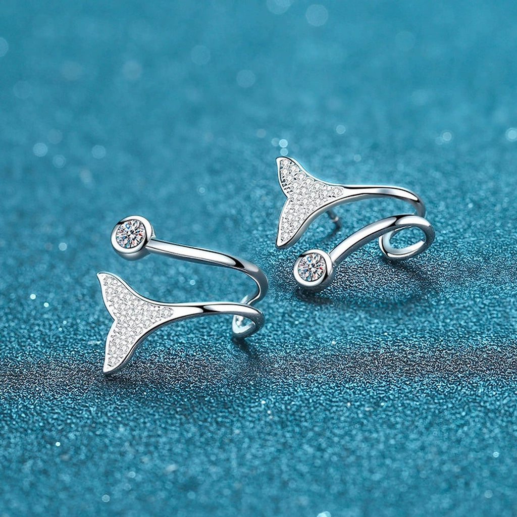 Whale Tail Moissanite Ear Cuff Stud Earrings in Rhodium-Plated S925 sterling silver product scene view showing angled setting detail