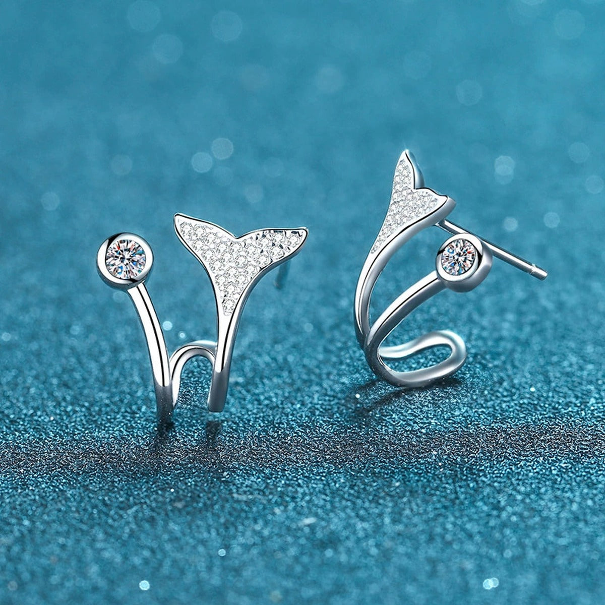 Whale Tail Moissanite Ear Cuff Stud Earrings in Rhodium-Plated S925 sterling silver product scene view showing side profile