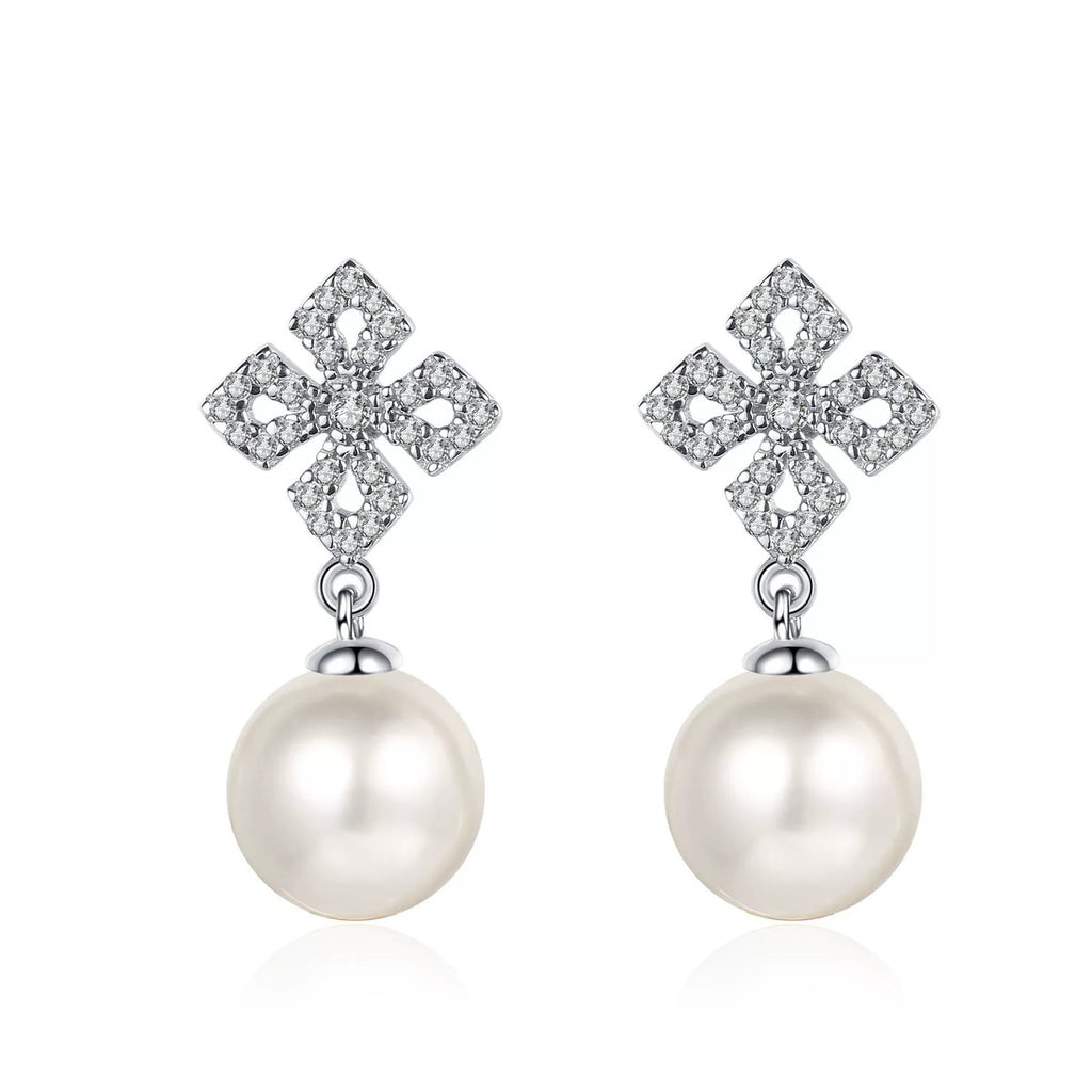 Leaf Cluster Pearl Moissanite Stud Dangle Earrings in Rhodium-Plated S925 sterling silver on white background showing the full pair, pearl and moissanite detail, and stud dangle earrings silhouette
