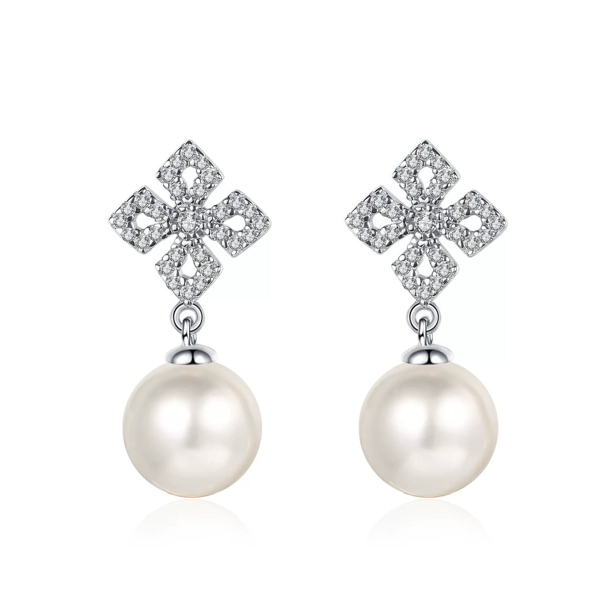 Leaf Cluster Pearl Moissanite Stud Dangle Earrings in Rhodium-Plated S925 sterling silver on white background showing the full pair, pearl and moissanite detail, and stud dangle earrings silhouette