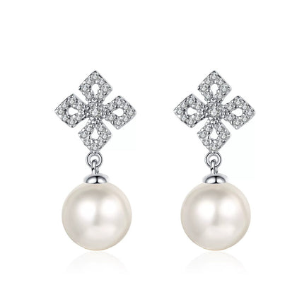 Leaf Cluster Pearl Moissanite Stud Dangle Earrings in Rhodium-Plated S925 sterling silver on white background showing the full pair, pearl and moissanite detail, and stud dangle earrings silhouette