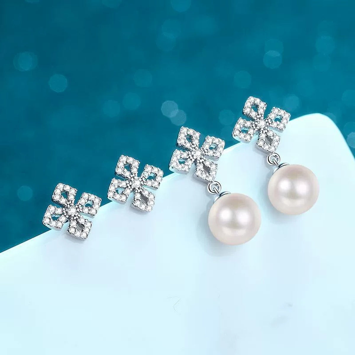 Leaf Cluster Pearl Moissanite Stud Dangle Earrings in Rhodium-Plated S925 sterling silver product scene view showing front detail