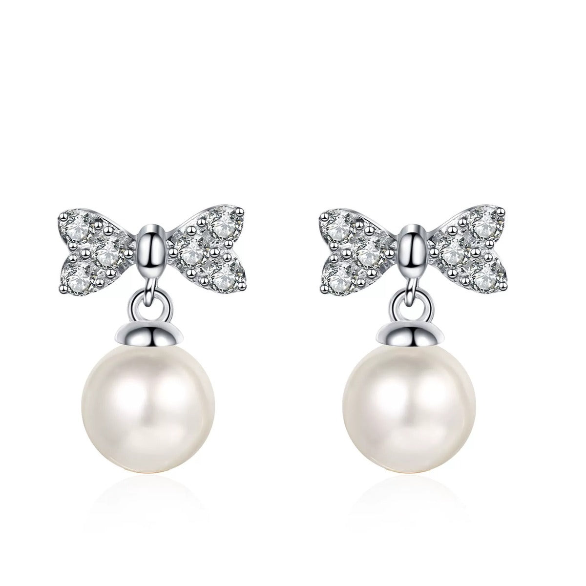 Bow Moissanite Stud Dangle Earrings in Rhodium-Plated S925 sterling silver on white background showing the full pair, pearl and moissanite detail, and stud dangle earrings silhouette