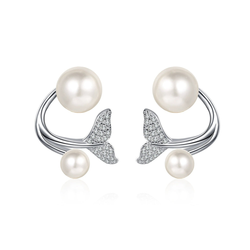 Mermaid Tail Pearl Moissanite Stud Drop Earrings in Rhodium-Plated S925 sterling silver on white background showing the full pair, pearl and moissanite detail, and stud earrings silhouette