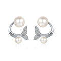 Mermaid Tail Pearl Moissanite Stud Drop Earrings in Rhodium-Plated S925 sterling silver on white background showing the full pair, pearl and moissanite detail, and stud earrings silhouette
