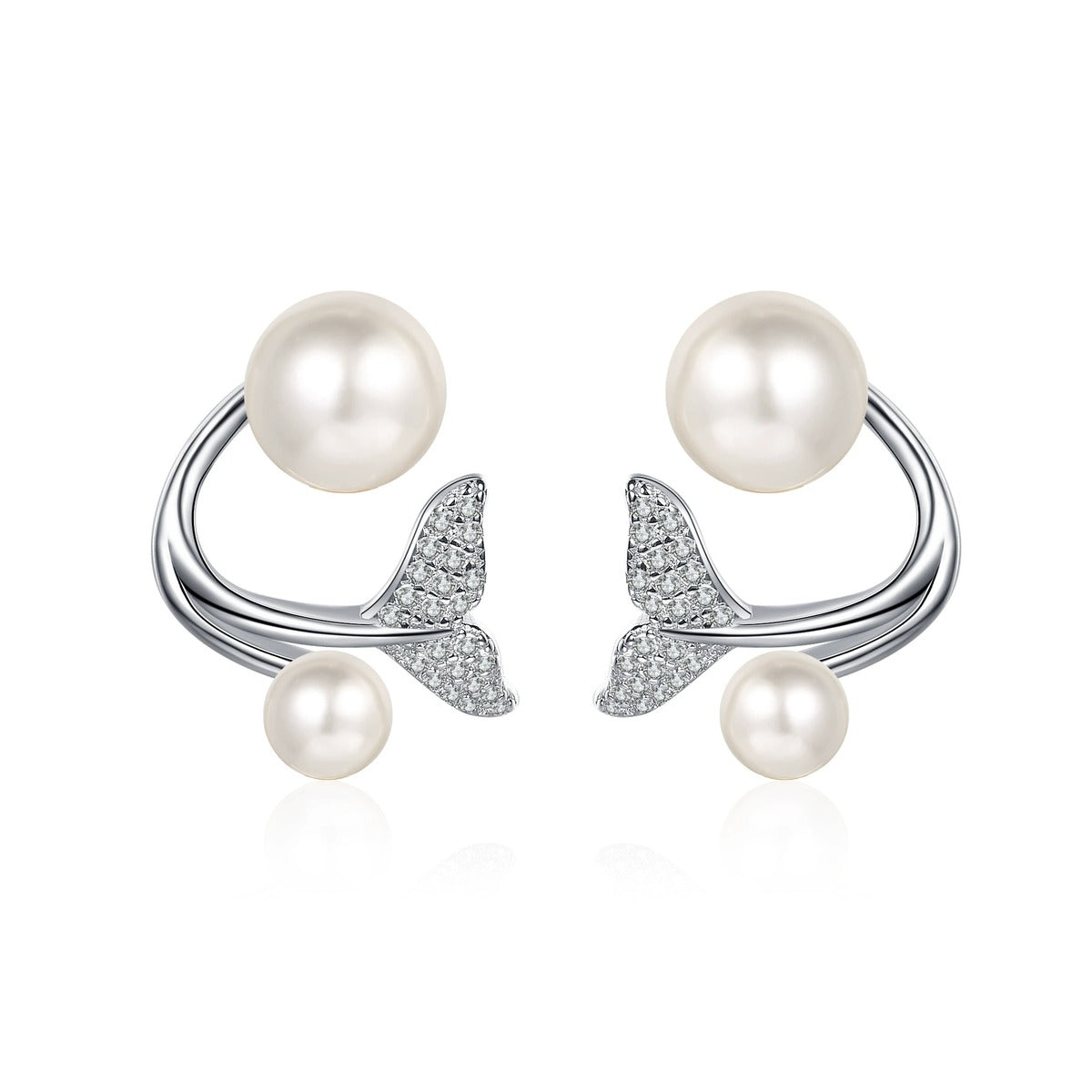 Mermaid Tail Pearl Moissanite Stud Drop Earrings in Rhodium-Plated S925 sterling silver on white background showing the full pair, pearl and moissanite detail, and stud earrings silhouette
