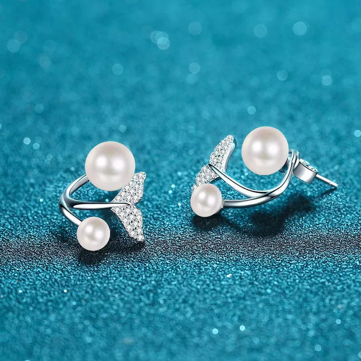 Mermaid Tail Pearl Moissanite Stud Drop Earrings in Rhodium-Plated S925 sterling silver product scene view showing front detail