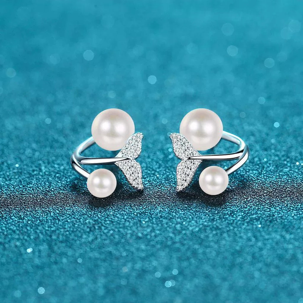 Mermaid Tail Pearl Moissanite Stud Drop Earrings in Rhodium-Plated S925 sterling silver product scene view showing side profile