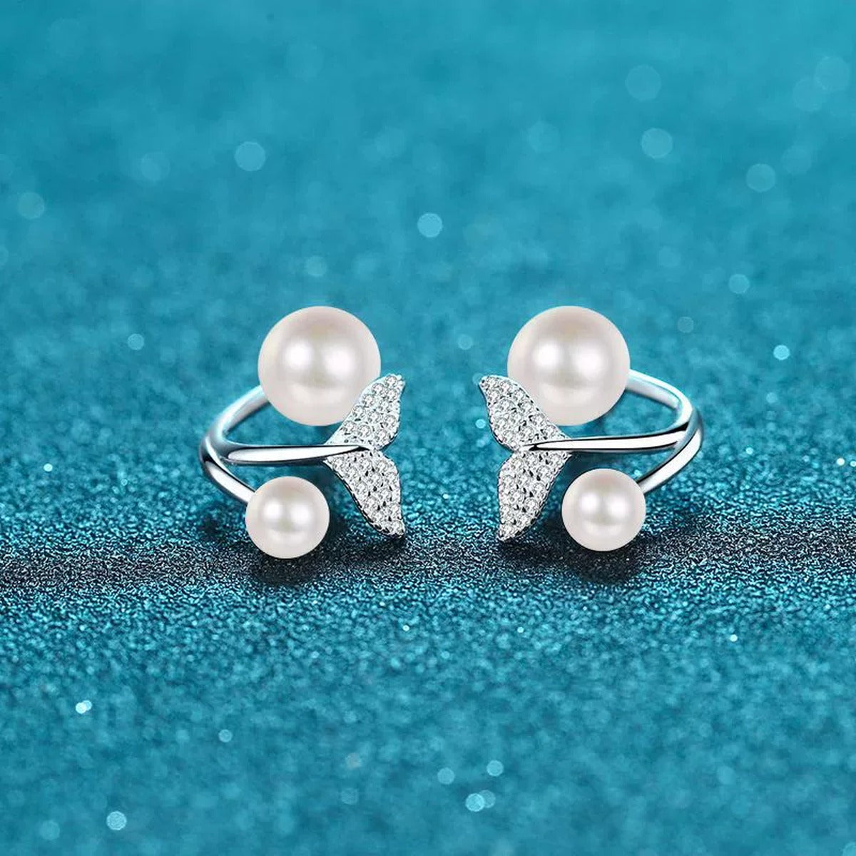 Mermaid Tail Pearl Moissanite Stud Drop Earrings in Rhodium-Plated S925 sterling silver product scene view showing side profile