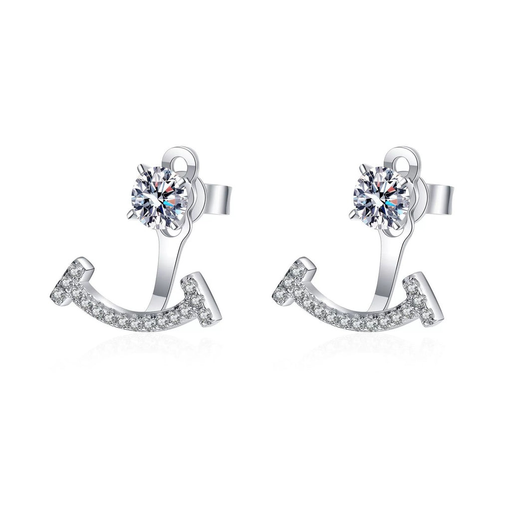 Moissanite Jacket Stud Earrings with CZ in Rhodium-Plated S925 sterling silver white background product photo showing the pair, stone shape, and jacket stud earrings silhouette