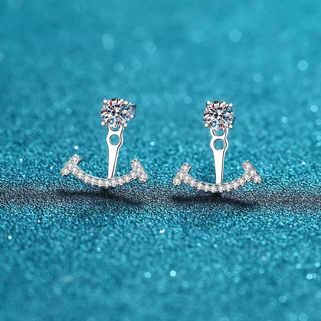Moissanite Jacket Stud Earrings with CZ in Rhodium-Plated S925 sterling silver product scene view showing front sparkle