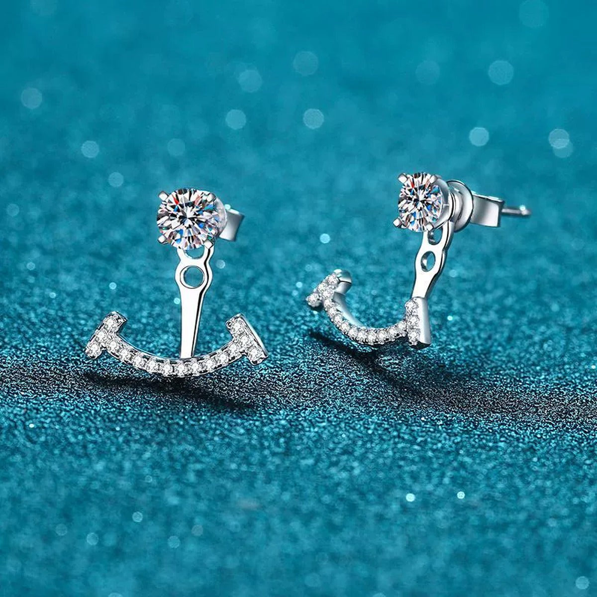 Moissanite Jacket Stud Earrings with CZ in Rhodium-Plated S925 sterling silver product scene view showing angled setting detail