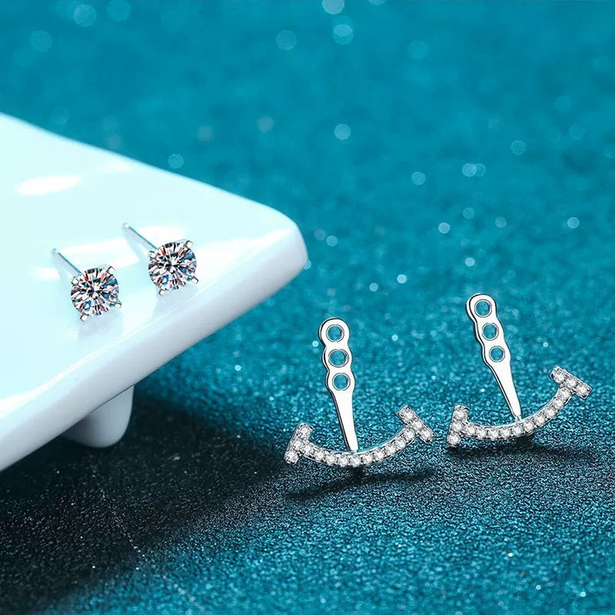 Moissanite Jacket Stud Earrings with CZ in Rhodium-Plated S925 sterling silver product scene view showing side profile
