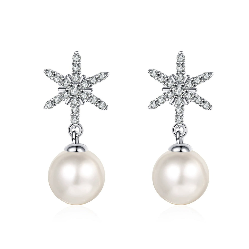 Snowflake Pearl Moissanite Stud Dangle Earrings in Rhodium-Plated S925 sterling silver on white background showing the full pair, pearl and moissanite detail, and stud dangle earrings silhouette