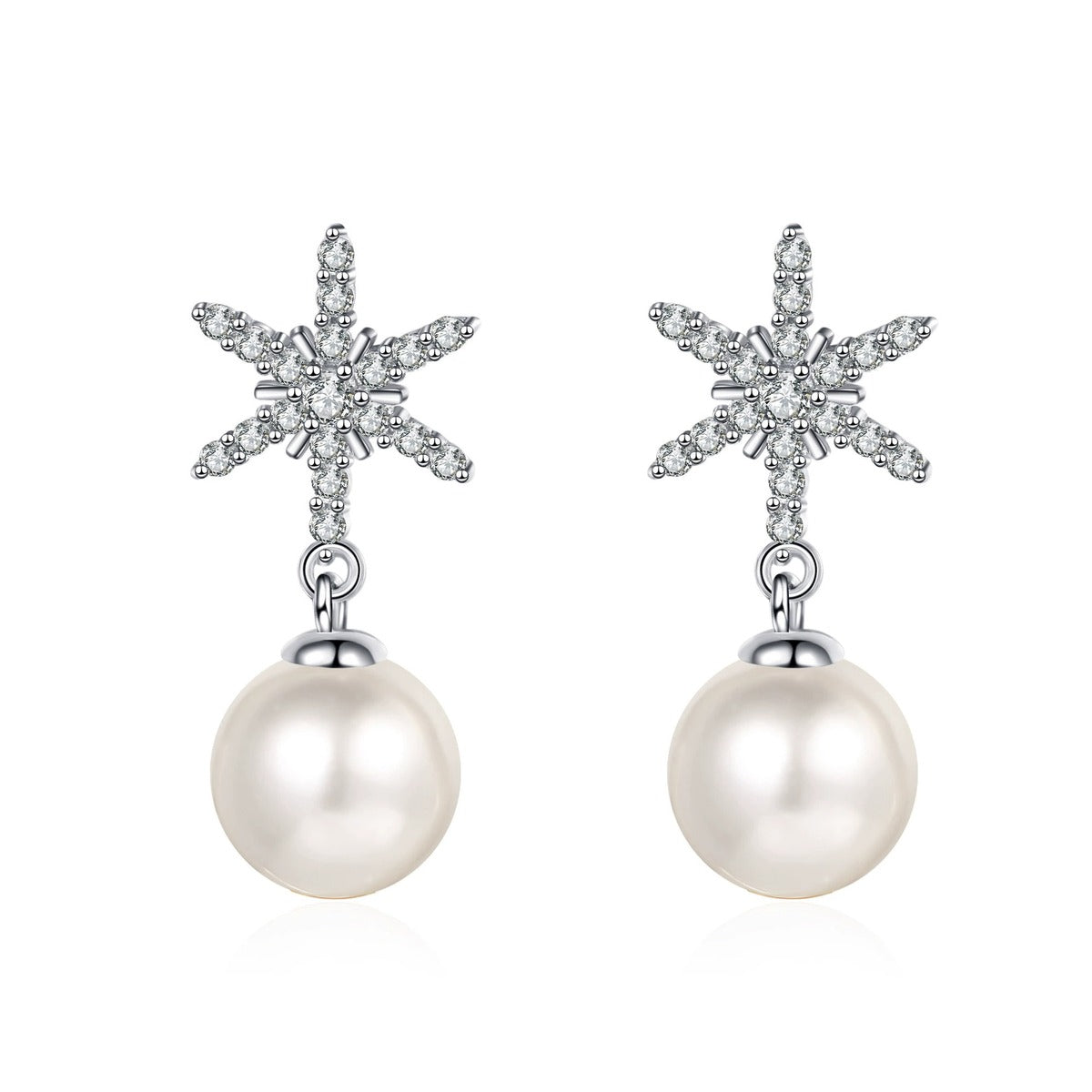 Snowflake Pearl Moissanite Stud Dangle Earrings in Rhodium-Plated S925 sterling silver on white background showing the full pair, pearl and moissanite detail, and stud dangle earrings silhouette