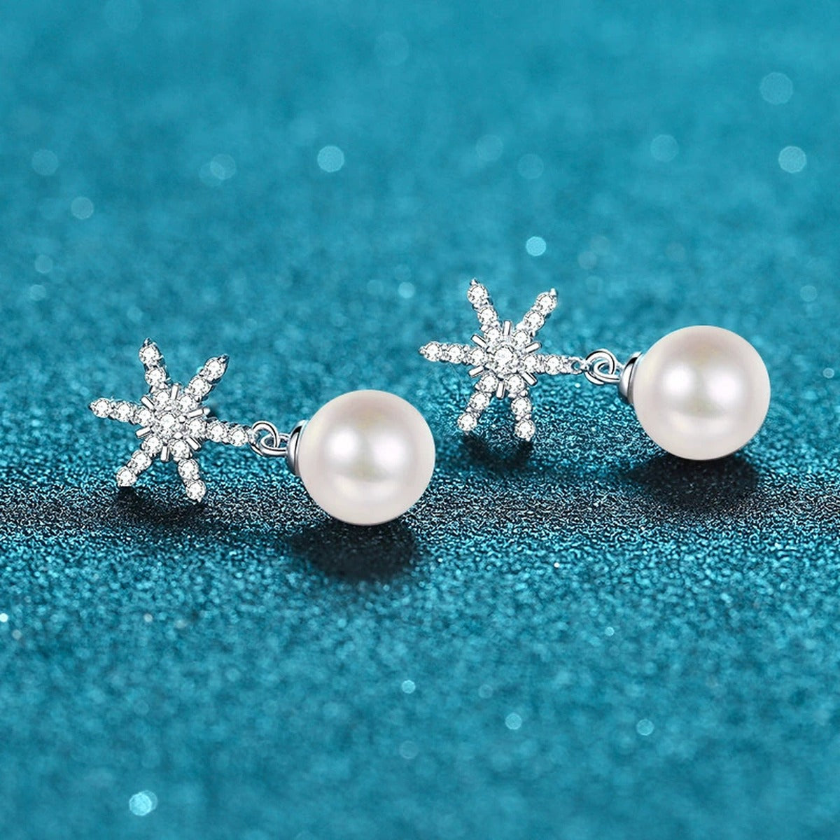 Snowflake Pearl Moissanite Stud Dangle Earrings in Rhodium-Plated S925 sterling silver product scene view showing front detail