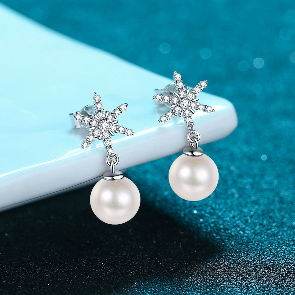 Snowflake Pearl Moissanite Stud Dangle Earrings in Rhodium-Plated S925 sterling silver product scene view showing angled setting detail