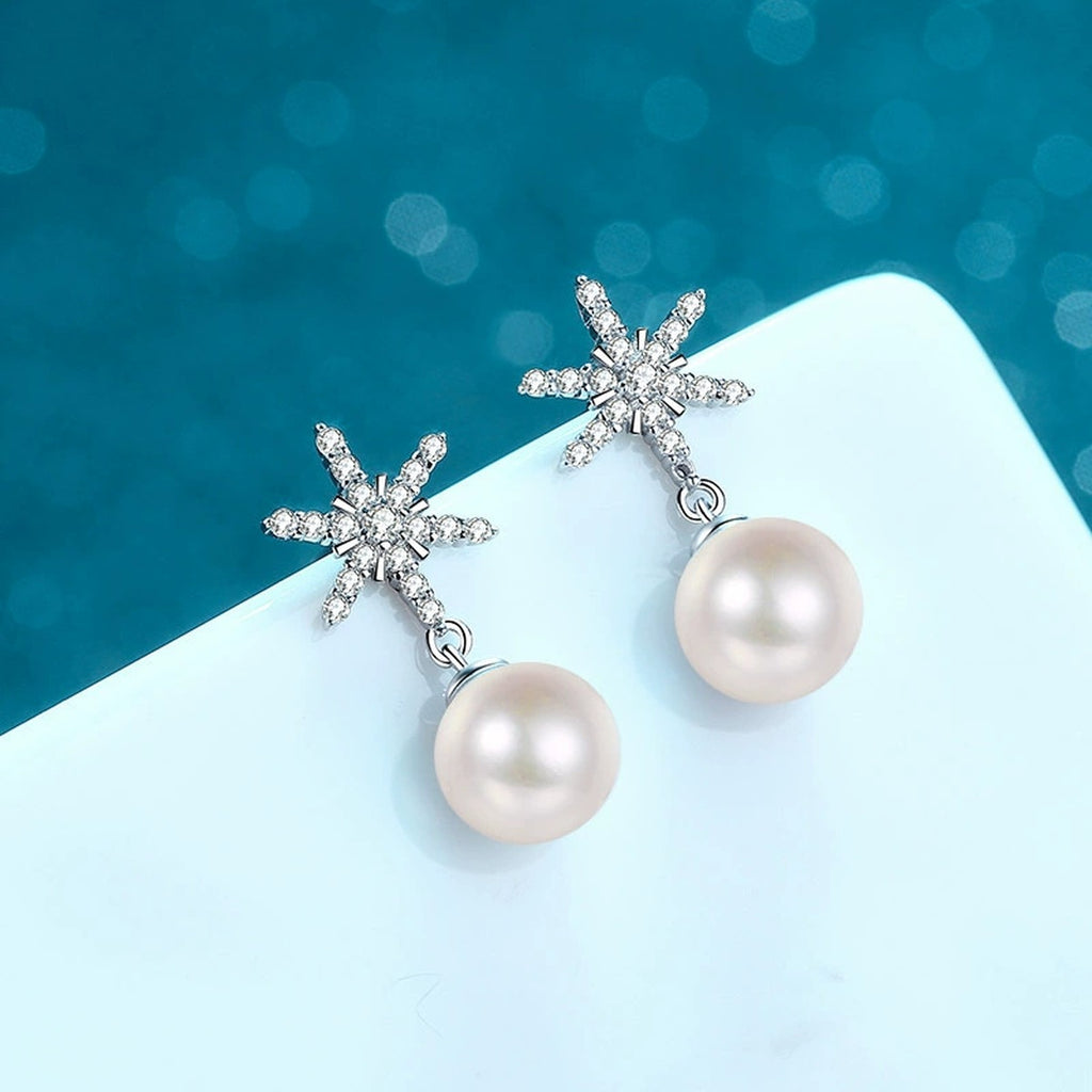 Snowflake Pearl Moissanite Stud Dangle Earrings in Rhodium-Plated S925 sterling silver product scene view showing side profile