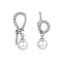 Ribbon Bow Pearl Moissanite Stud Dangle Earrings in Rhodium-Plated S925 sterling silver on white background showing the full pair, pearl and moissanite detail, and stud dangle earrings silhouette
