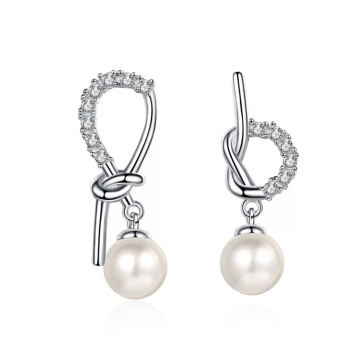 Ribbon Bow Pearl Moissanite Stud Dangle Earrings in Rhodium-Plated S925 sterling silver on white background showing the full pair, pearl and moissanite detail, and stud dangle earrings silhouette