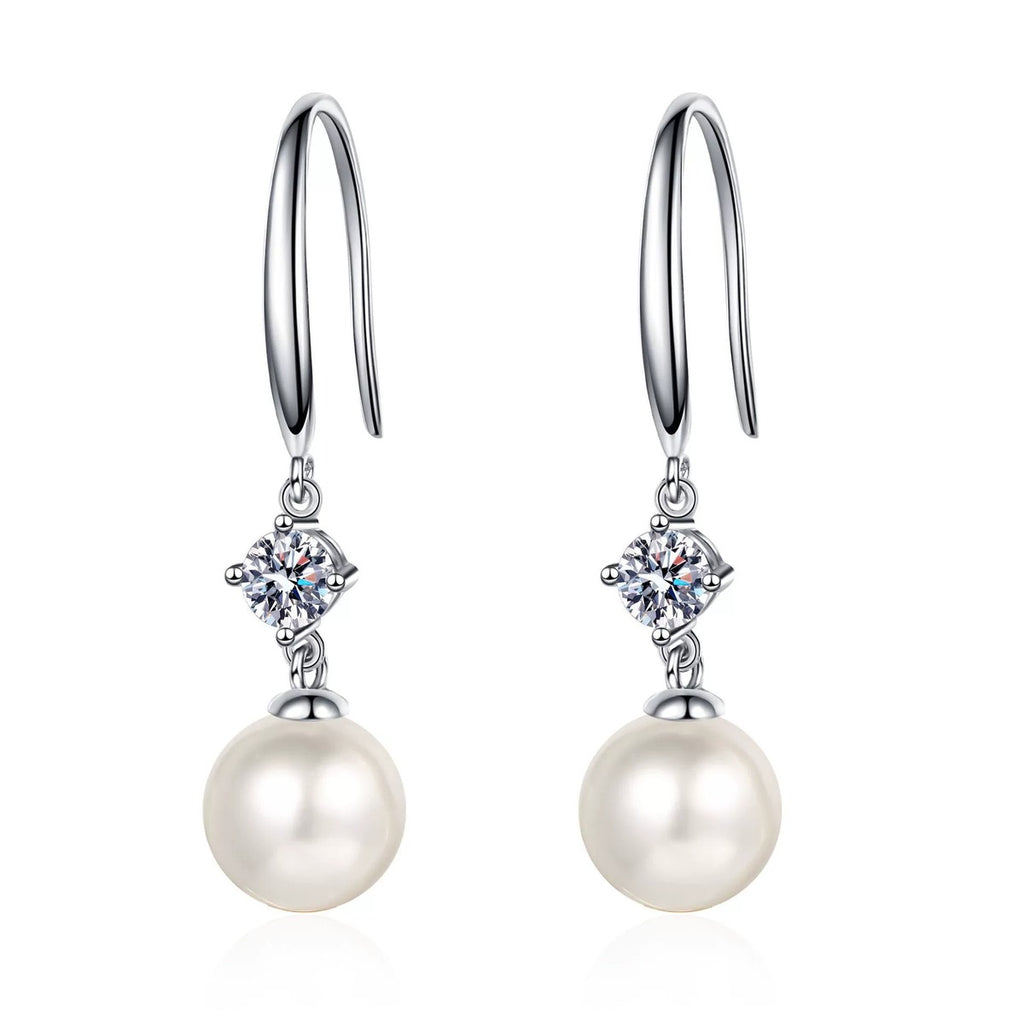 Pearl and Moissanite Hook Dangle Earrings in Rhodium-Plated S925 sterling silver white background product photo showing the pair, stone shape, and hook dangle earrings silhouette