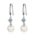 Pearl and Moissanite Hook Dangle Earrings in Rhodium-Plated S925 sterling silver white background product photo showing the pair, stone shape, and hook dangle earrings silhouette